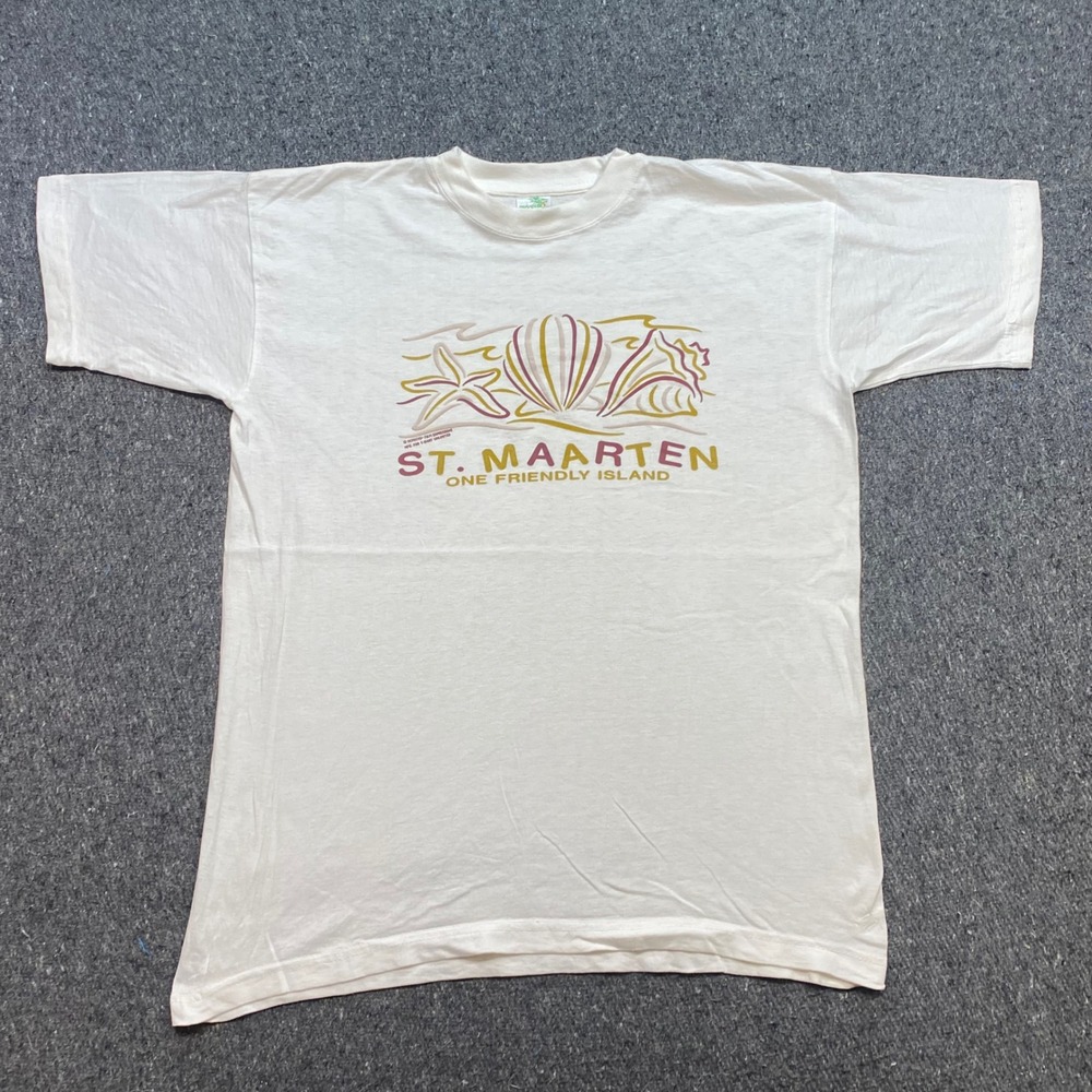 Paradise St Maarten TShirt Sz L Mens White 90s Souvenir Puff Print Shells Beach